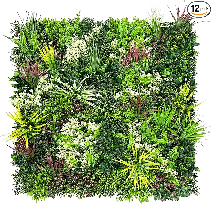 Artificial Plant Wall Panels: 20"×20" 12P UV-Anti Faux Grass Wall Backdrop Boxwood Ivy Fence Privacy Screen Fake Greenery Leaf Hedge for Outdoor,Indoor,Garden,Backyard and Home Decor